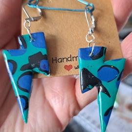 Thunderbolt leopard print earrings blue, black and turquoise 