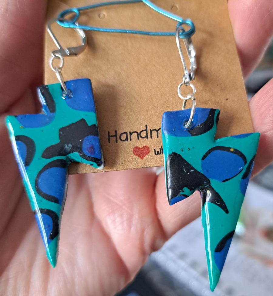 Thunderbolt leopard print earrings blue, black and turquoise 