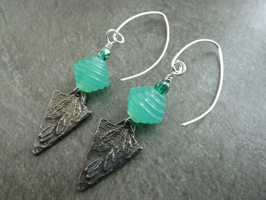 sterling silver, green lampwork and pewter charm earrings