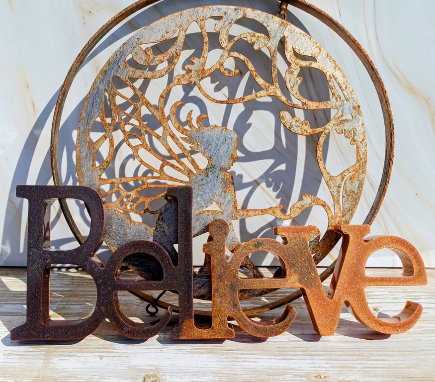 'Believe' Resin Ornament Sign In Brown and Copper. A Great Gift To Inspire.