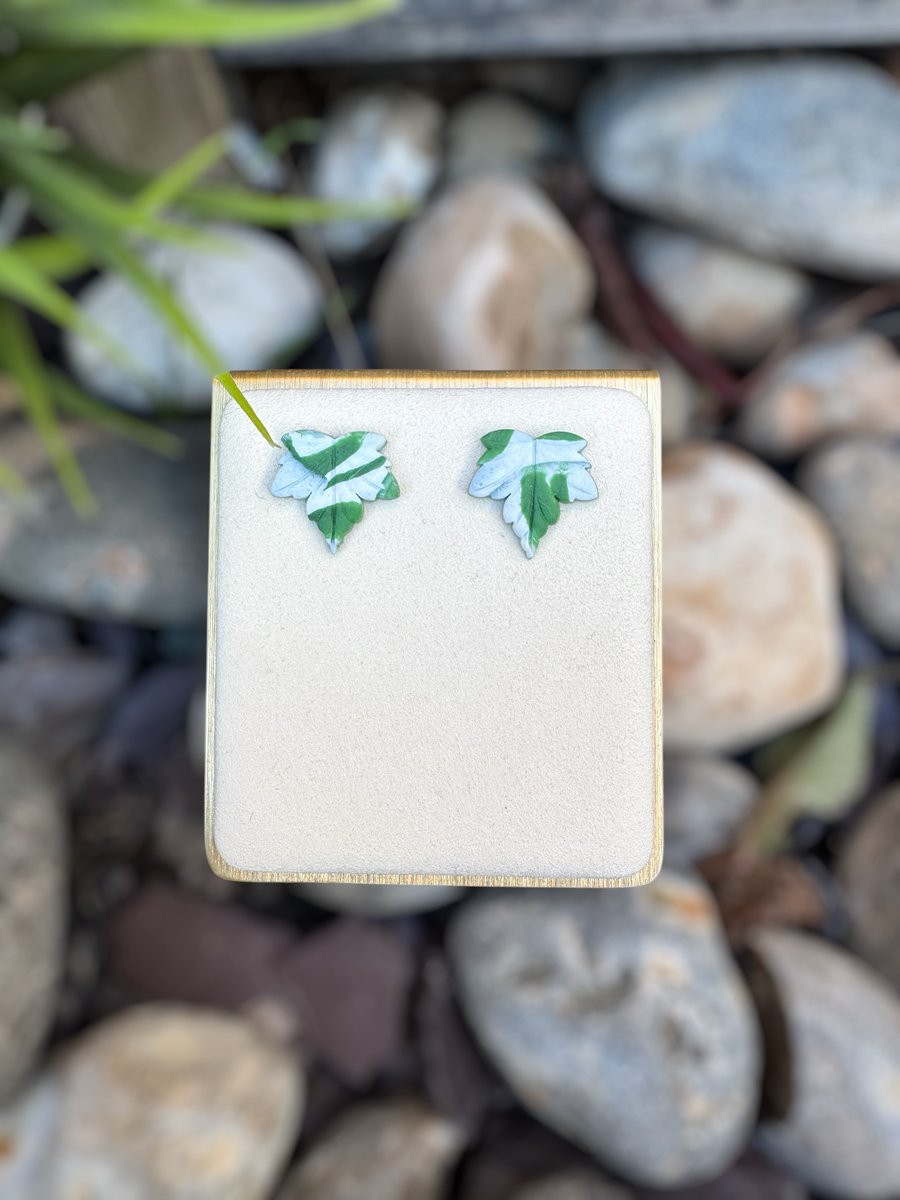White and Green Leaf Stud Earrings