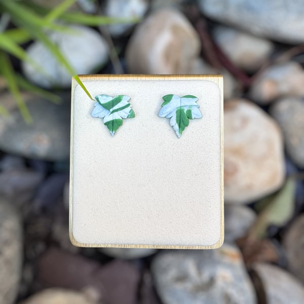 White and Green Leaf Stud Earrings