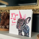 Funny Cute Frenchie Valentine's Horny Card Dog Print of Original Drawing 