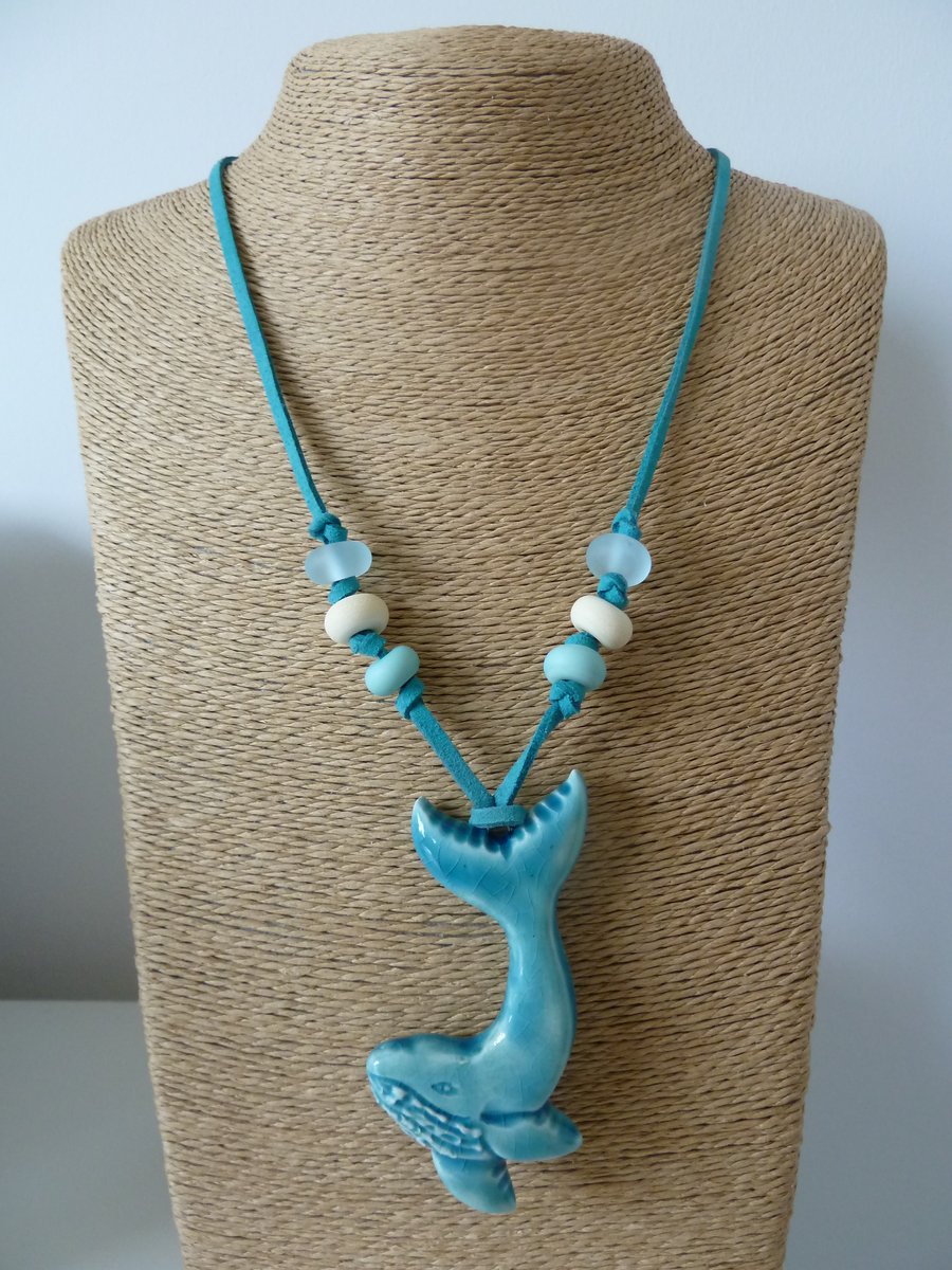 ceramic whale, faux suede, lampwork glass necklace