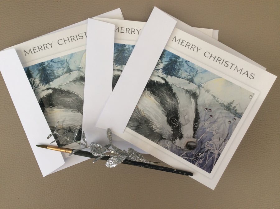 Limited edition Christmas cards of badger in winter