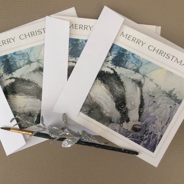 Limited edition Christmas cards of badger in winter