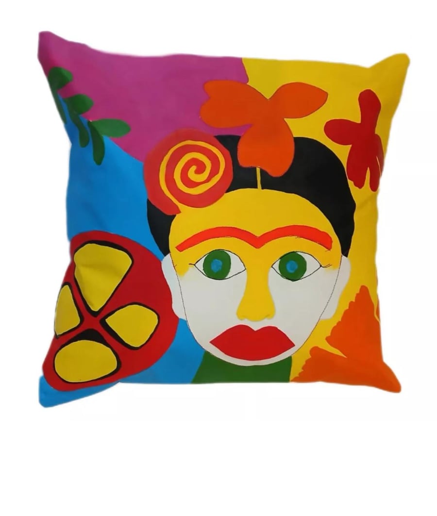 Frida Kahlo Inspired Handpainted Cushion Colour pop