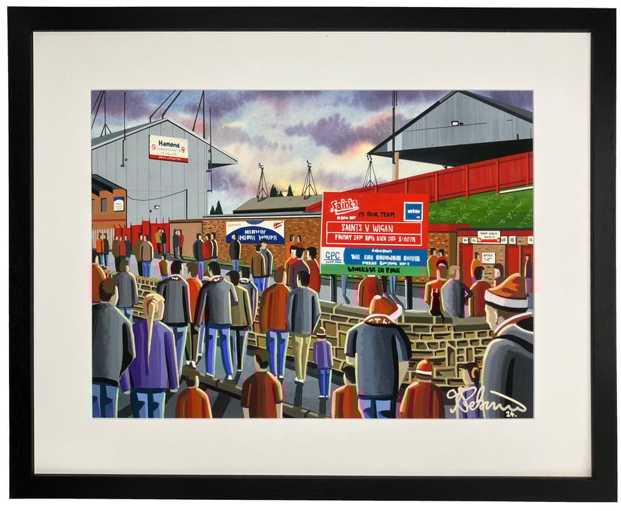 St Helens, Retro Knowsley Road Rugby Stadium Art Print 20" x 16" Frame Size
