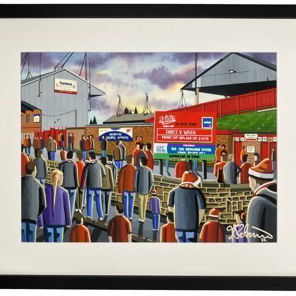 St Helens, Retro Knowsley Road Rugby Stadium Art Print 20" x 16" Frame Size