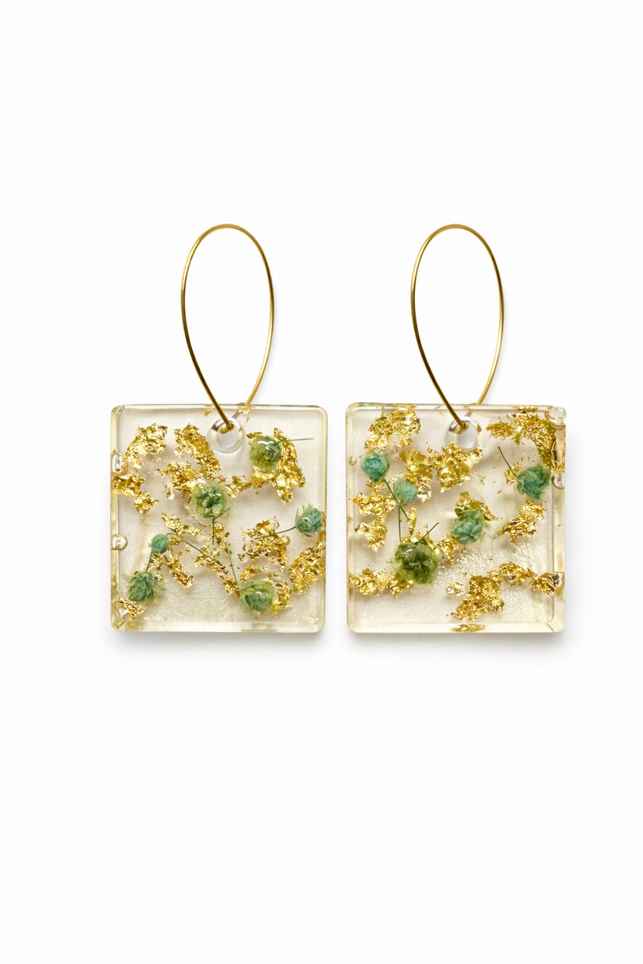 Turquoise Flower Resin Earrings with Gold Leaf- Square Dangle Earrings