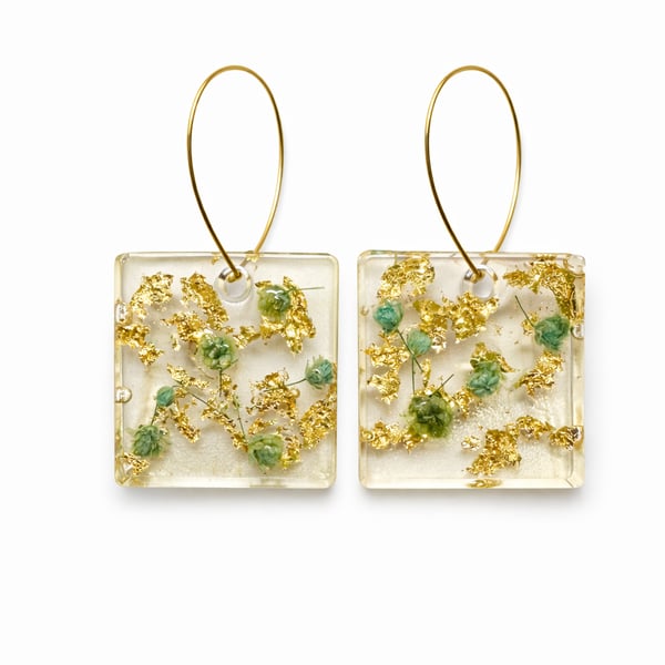 Turquoise Flower Resin Earrings with Gold Leaf- Square Dangle Earrings