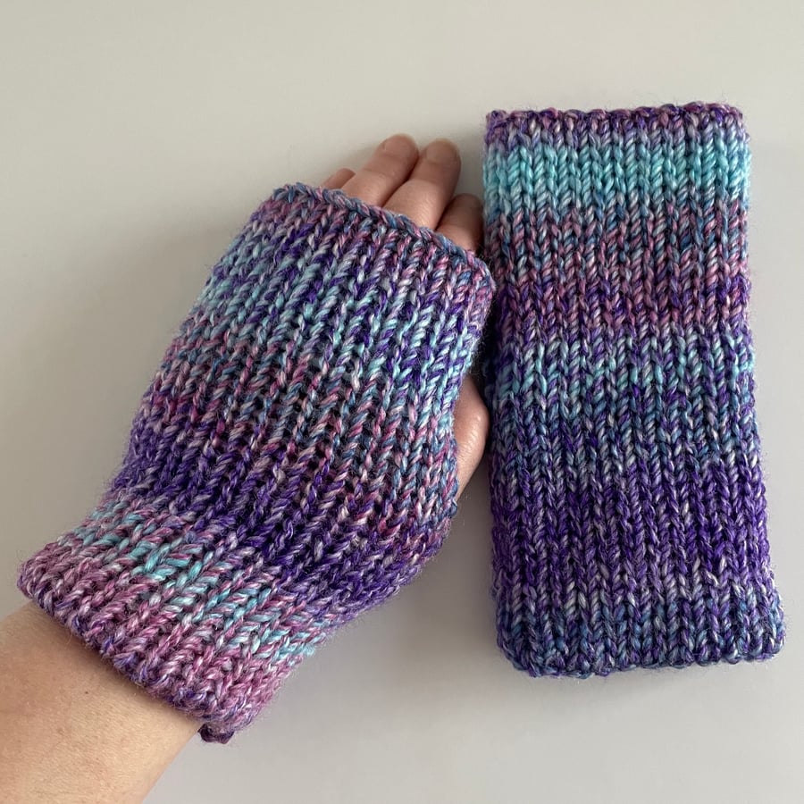 Multicoloured Knitted Fingerless Gloves, handmade wrist warmers, FREE DELIVERY 