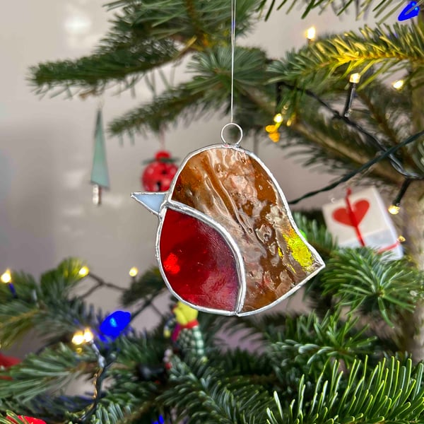 Red Robin stained glass Christmas