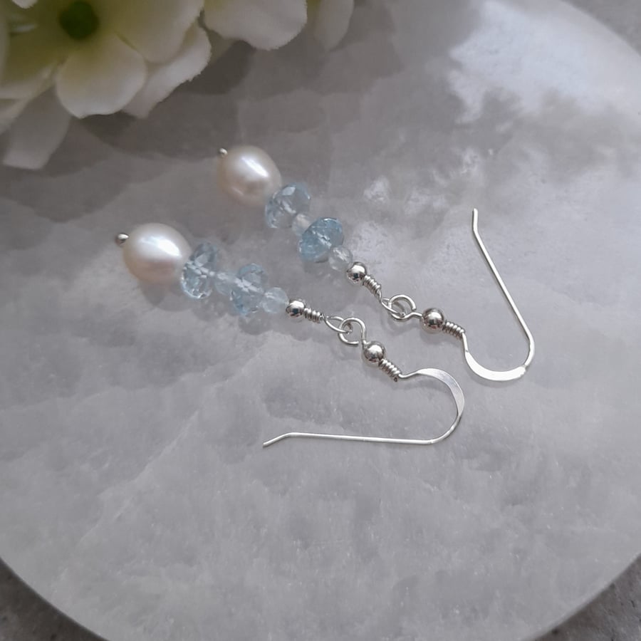 Sky Blue Topaz Aquamarine and Freshwater Pearl Sterling Silver Drop Earrings