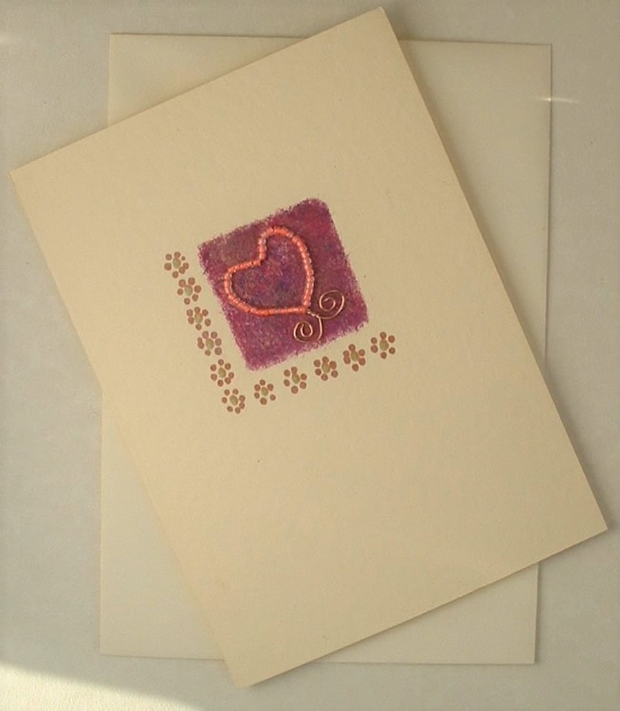SOLD Pink Seed Bead Heart Greeting Card