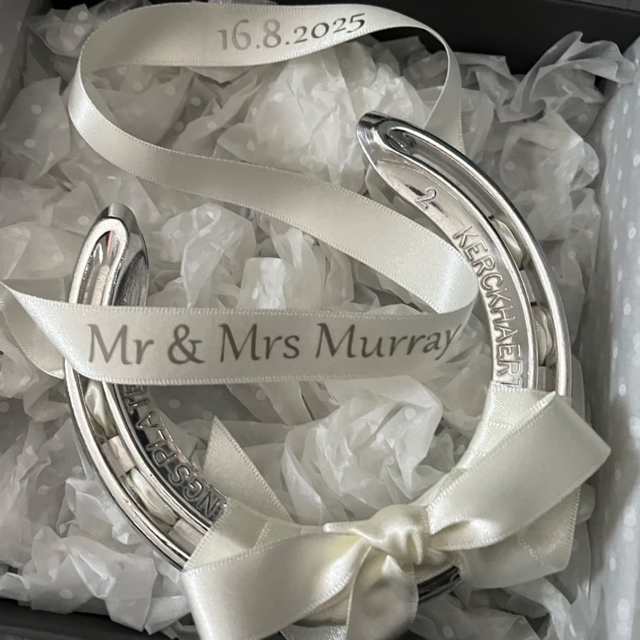 Personalised Lucky Horseshoe Ivory Satin Bow, Good Luck Keepsake