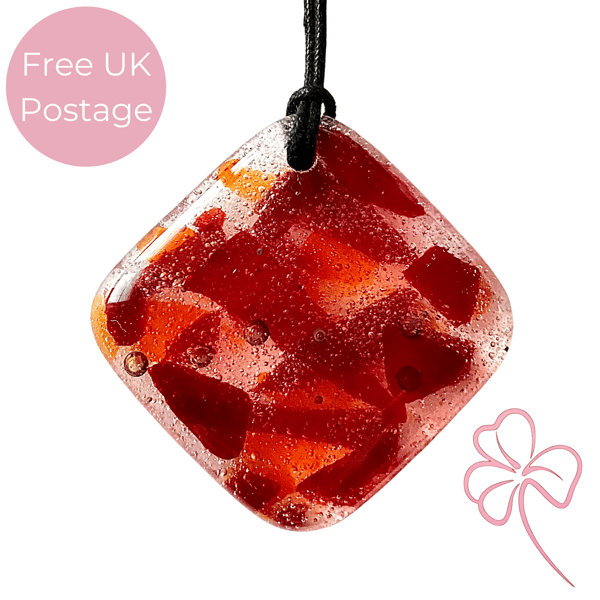 Red and Orange Square Fused Glass Pendant Necklace 