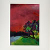 Original Painting of Trees by a Loch Under a Red Sky