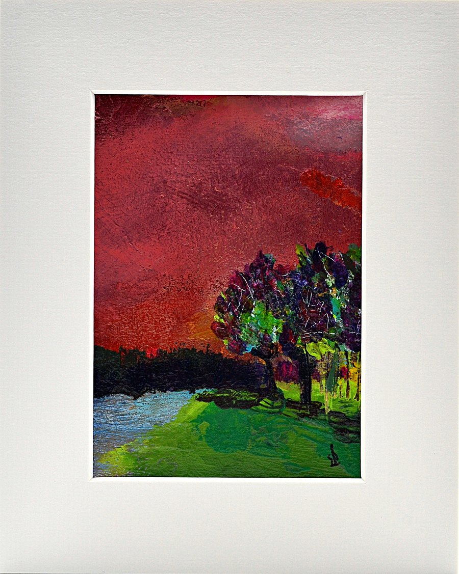 Original Painting of Trees by a Loch Under a Red Sky