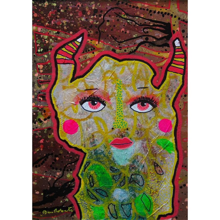 Outsider Art Brut Painting Ready Mounted Surreal Portrait Small Artwork