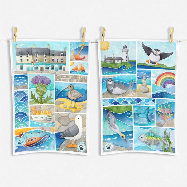 Seaside Tea Towel Set x2 - Cotton Coastal Kitchen Towels - Puffin, Seagull, Seal