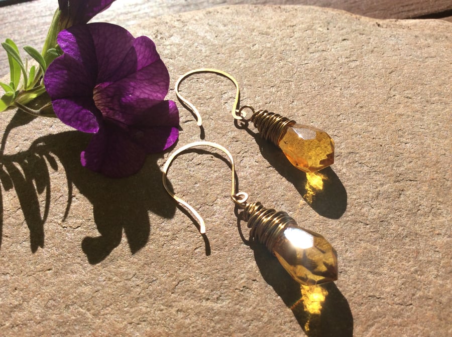 Amber Faceted Glass Wire Wrap Earrings FREE POST