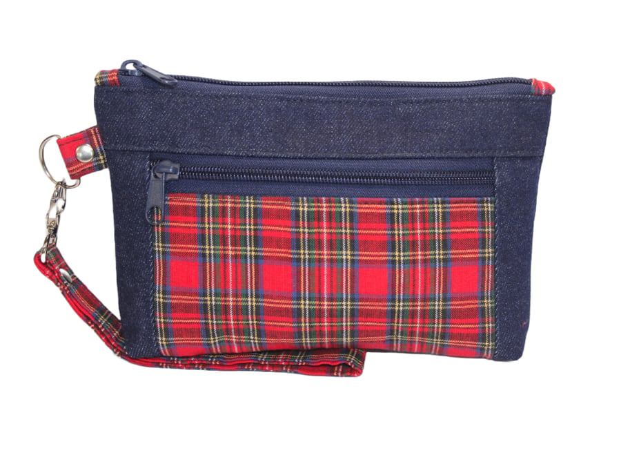 Denim & Tartan Zipper Pouch, Make Up Bag, Cosmetic Bag, Everyday Pouch, Wristlet