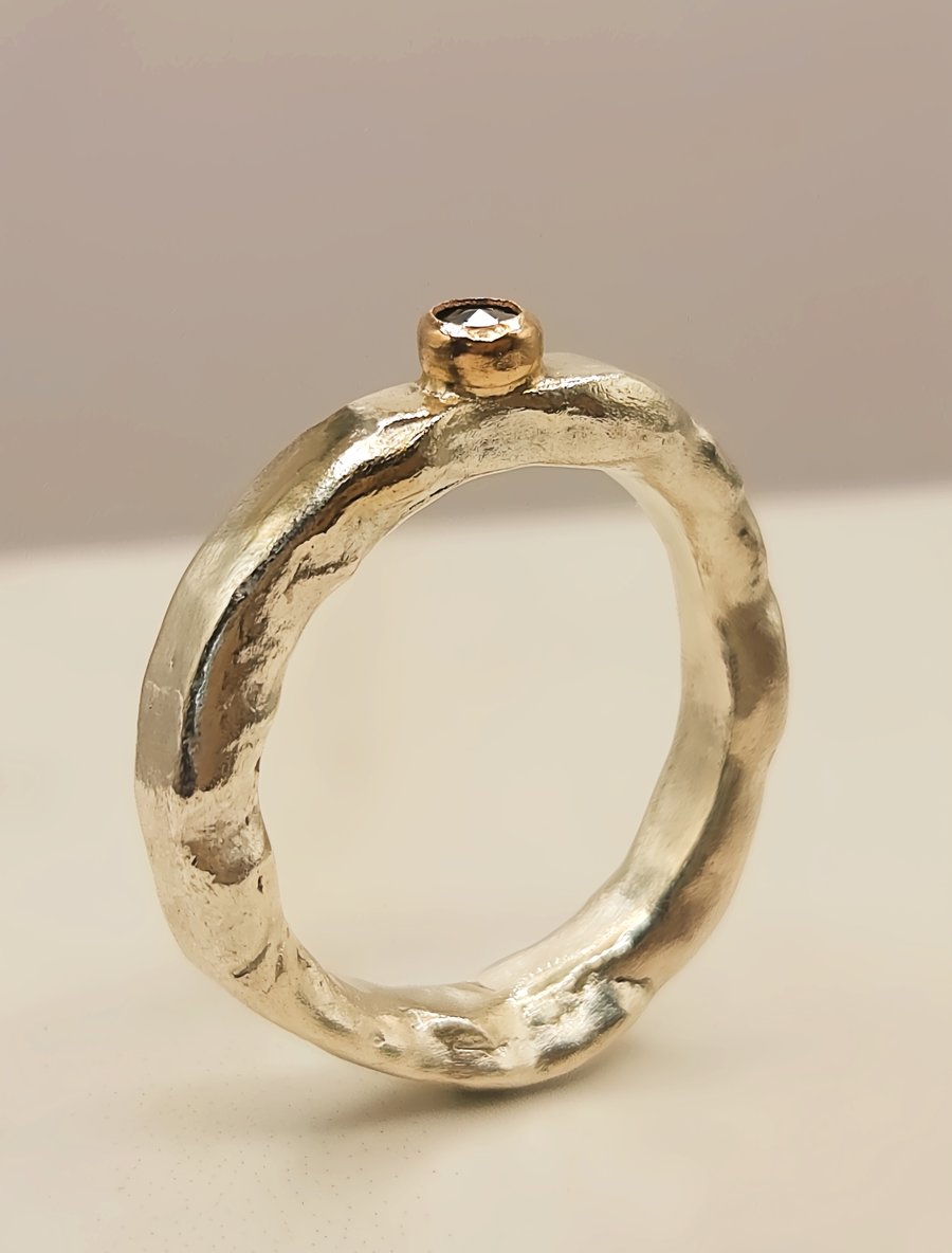 Sterling Silver Organic Ring - 14K Gold Bezel, 3mm Rose Cut Black Diamond