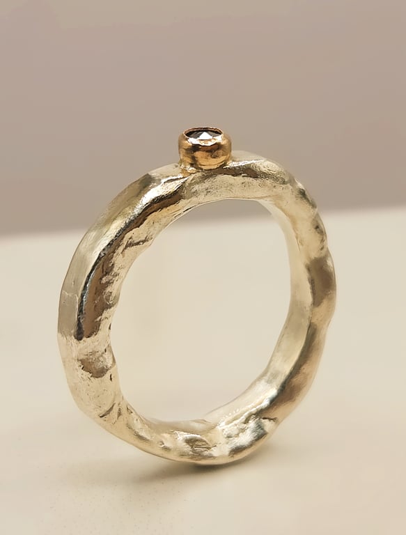 Sterling Silver Organic Ring - 14K Gold Bezel, 3mm Rose Cut Black Diamond