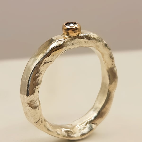 Sterling Silver Organic Ring - 14K Gold Bezel, 3mm Rose Cut Black Diamond