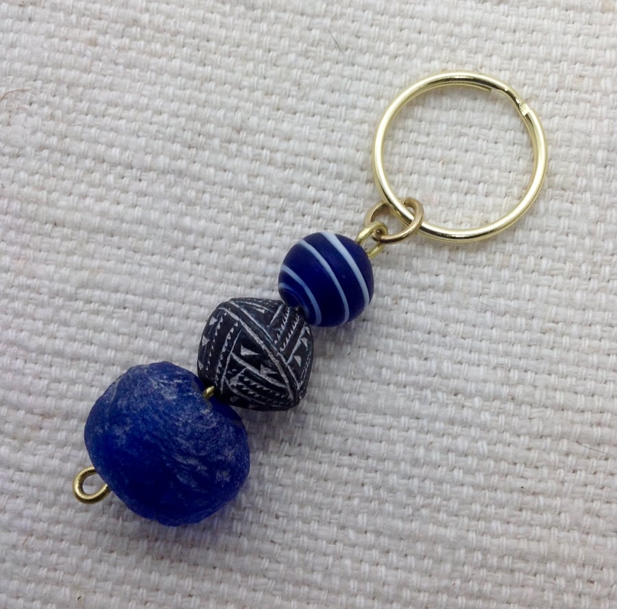 Unusual blue and black key ring with African beads