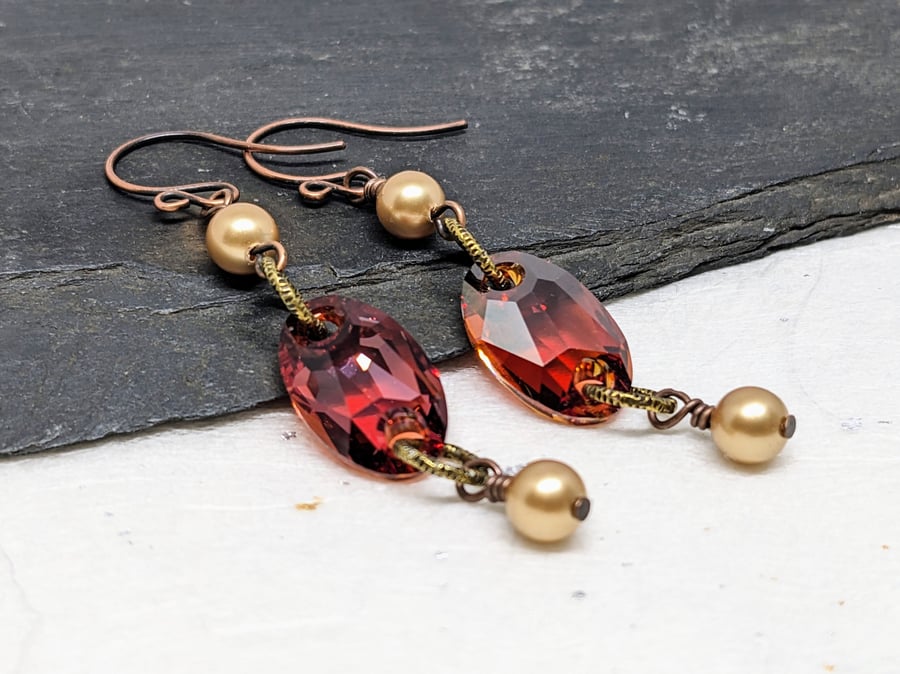 Swarovski crystal and pearl copper and gold earrings 