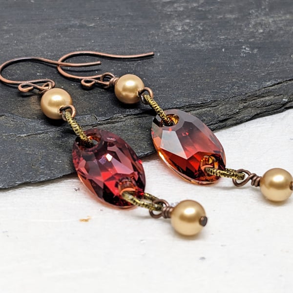 Swarovski crystal and pearl copper and gold earrings 