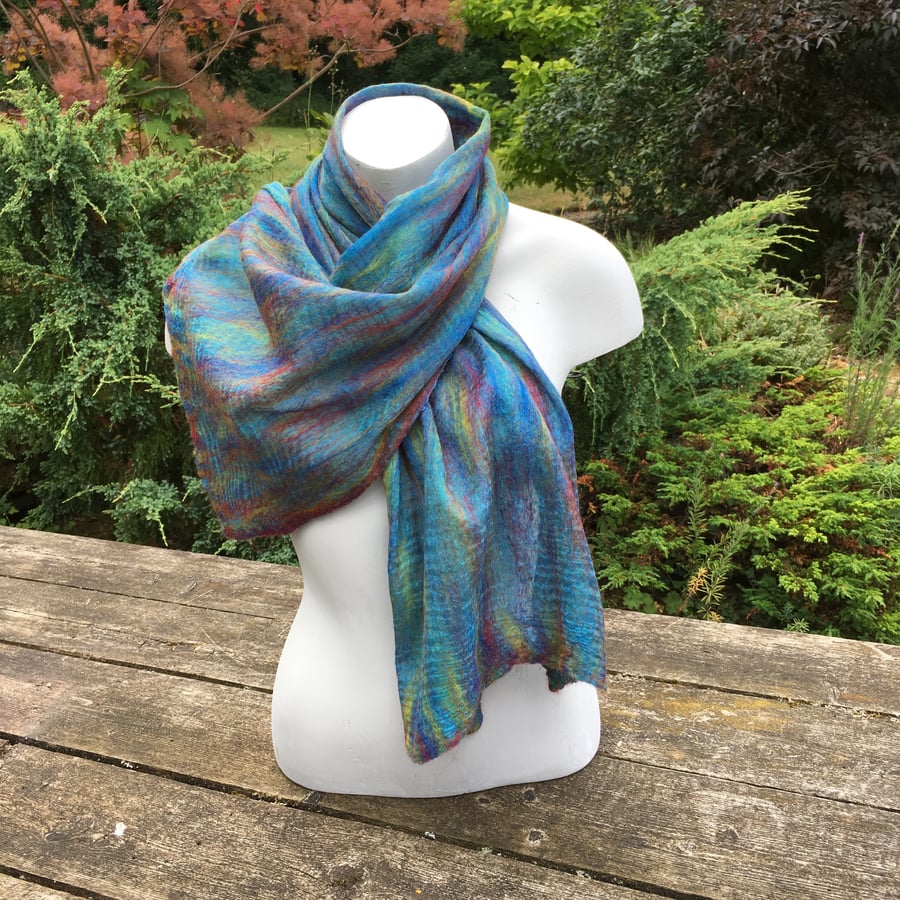 Merino wool on silk nuno felted scarf, rainbow colours on turquoise base