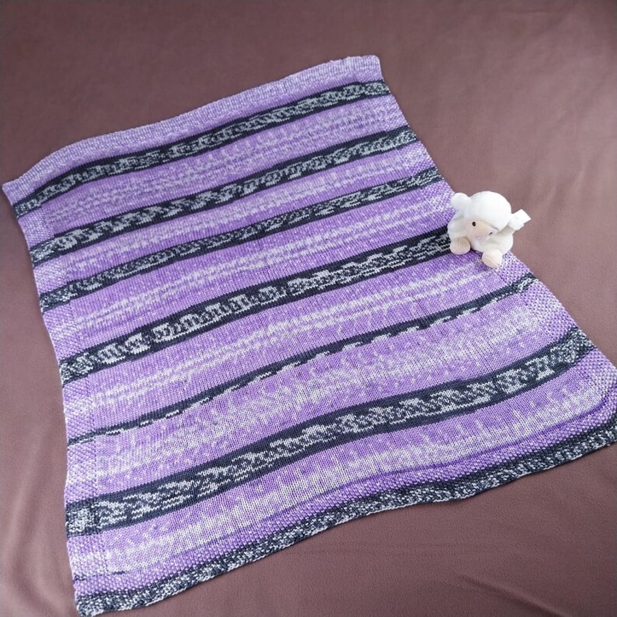 Hand Knitted Baby Blanket - Lavender and Grey Fair Isle Pram Blanket