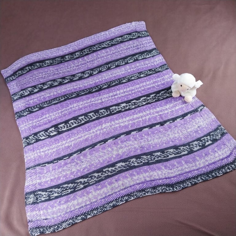 Hand Knitted Baby Blanket - Lavender and Grey Fair Isle Pram Blanket