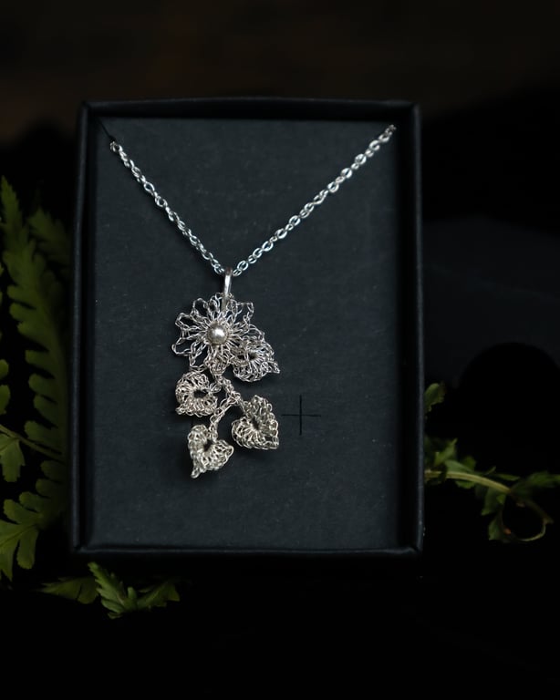 Dancing Sunflower Eco .999 Silver Lace Crochet Necklace 