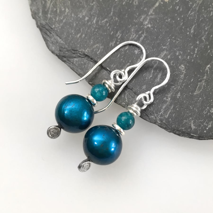 Silver bright blue pearl and apatite earrings