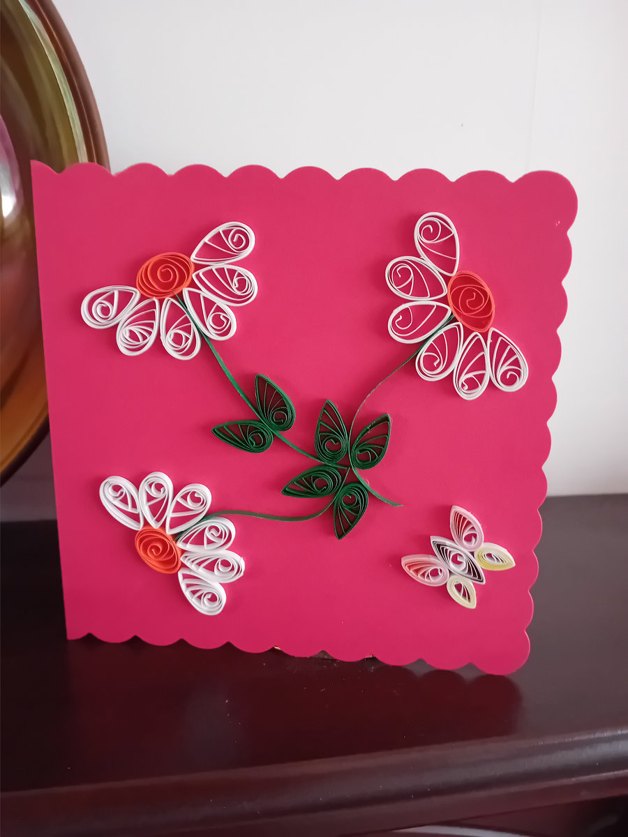 Quilled White Daisies and Butterfly on Red Card