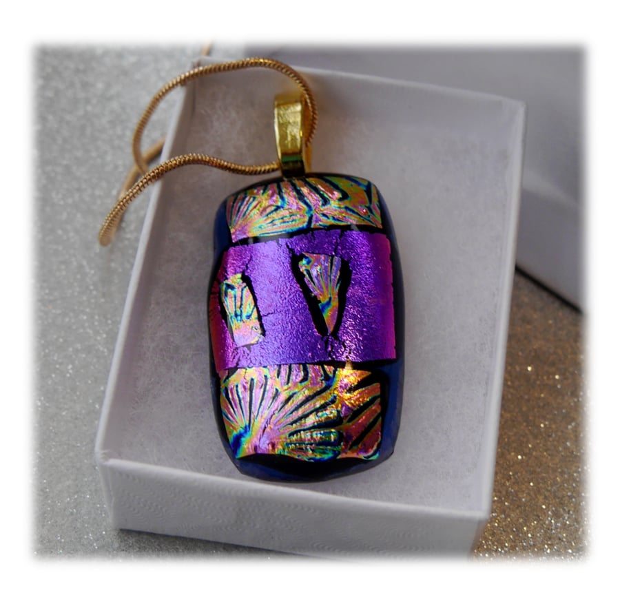 Dichroic Glass Pendant 112 Purple Pink Florentine Handmade and gold plated chain