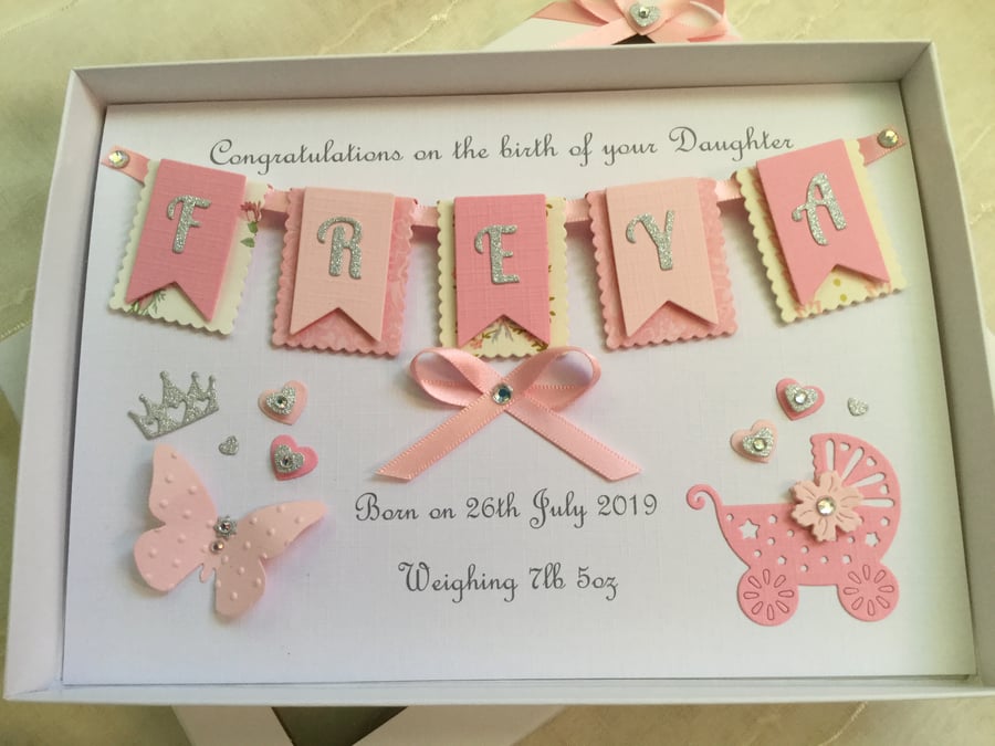 Personalised Handmade Gift Boxed New Baby Girl Card Keepsake 