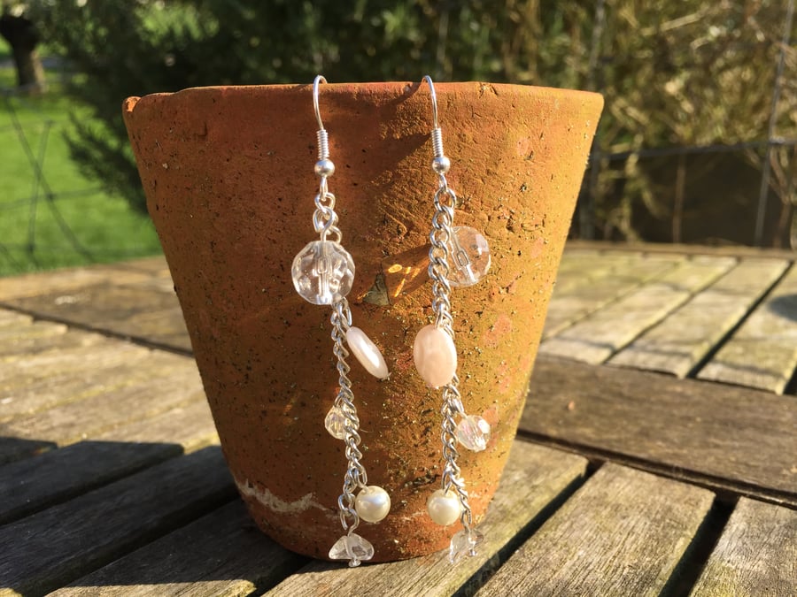 White and crystal hanging earrings