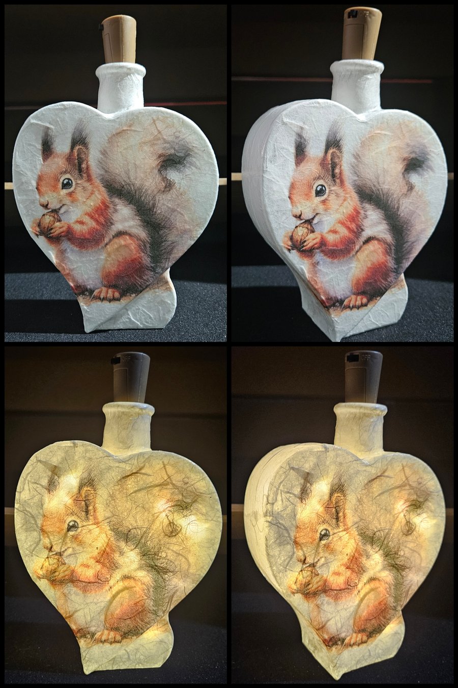 Red Squirrel heart shaped bottle light. Decoupaged glass.
