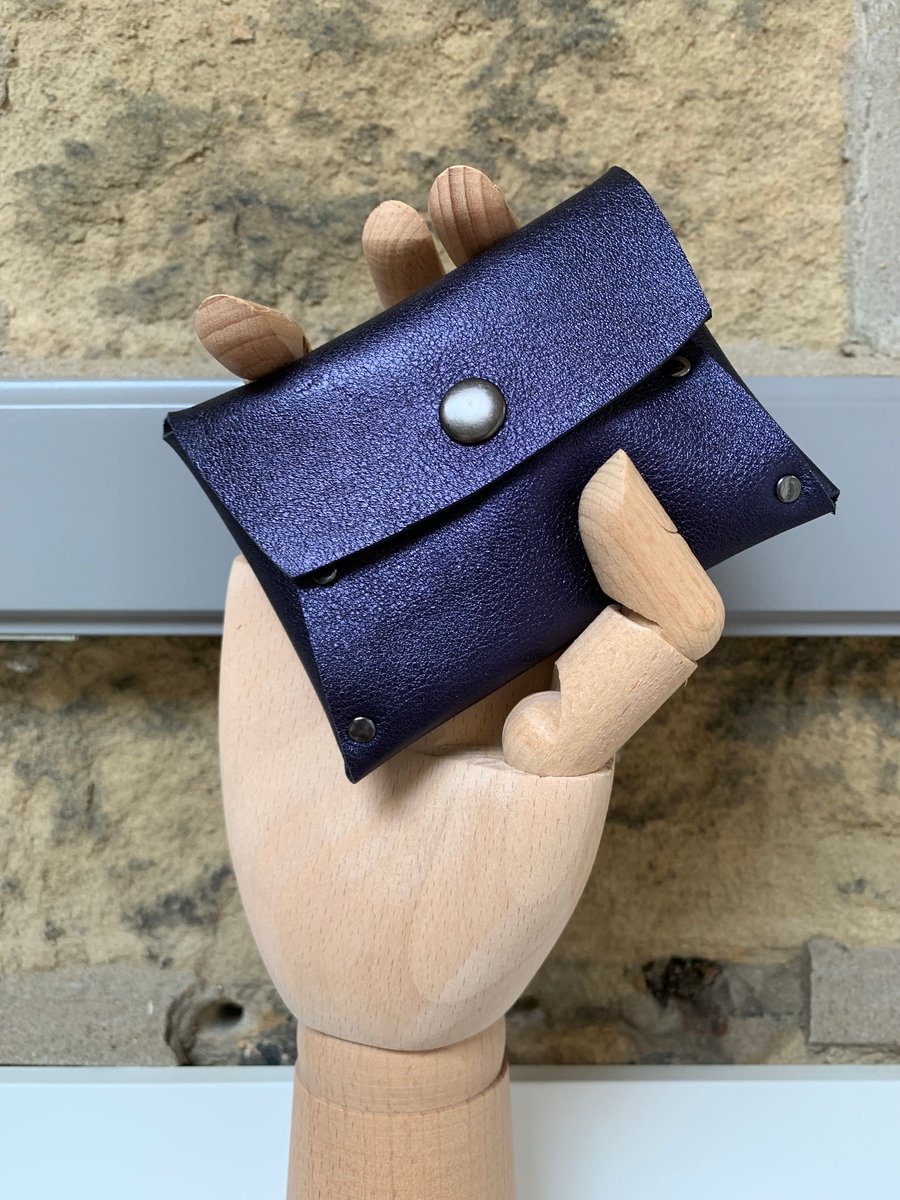Handmade blue metallic leather purse stitchless