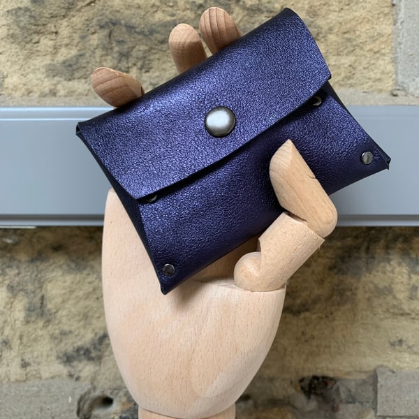 Handmade blue metallic leather purse stitchless