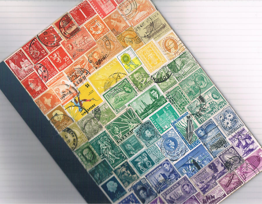 Recycled Rainbow Notebook, large - upcycled world postage stamps - MADE TO ORDER