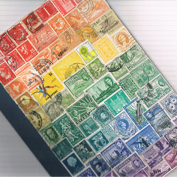 Recycled Rainbow Notebook, large - upcycled world postage stamps - MADE TO ORDER