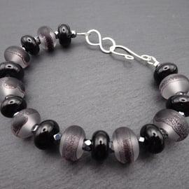 lampwork glass bracelet, black lace and sterling silver