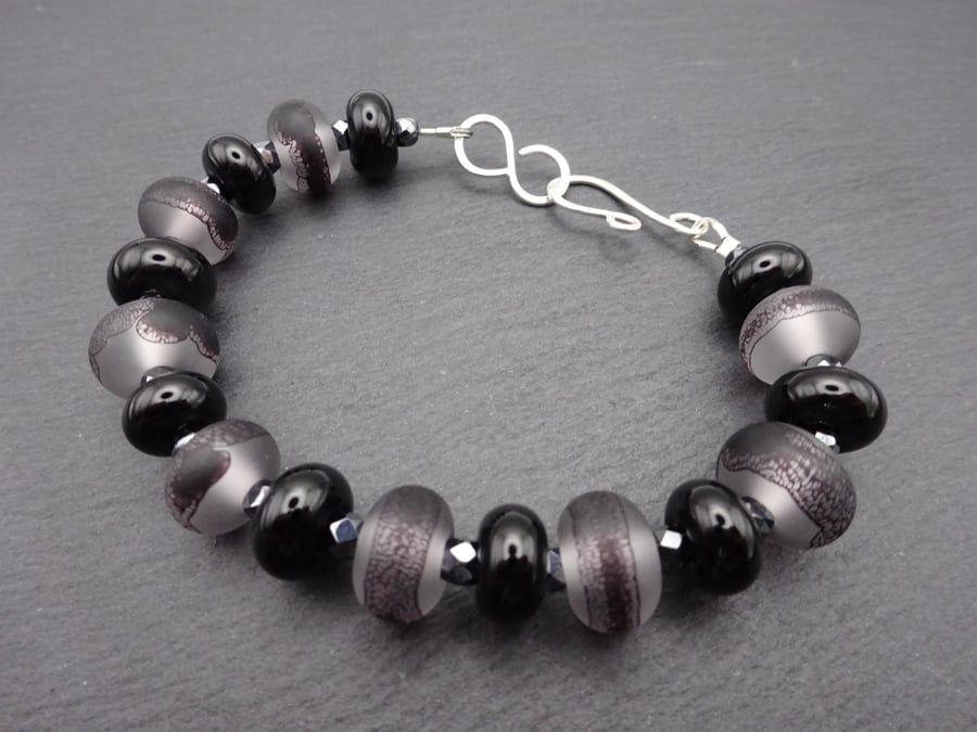 lampwork glass bracelet, black lace and sterling silver