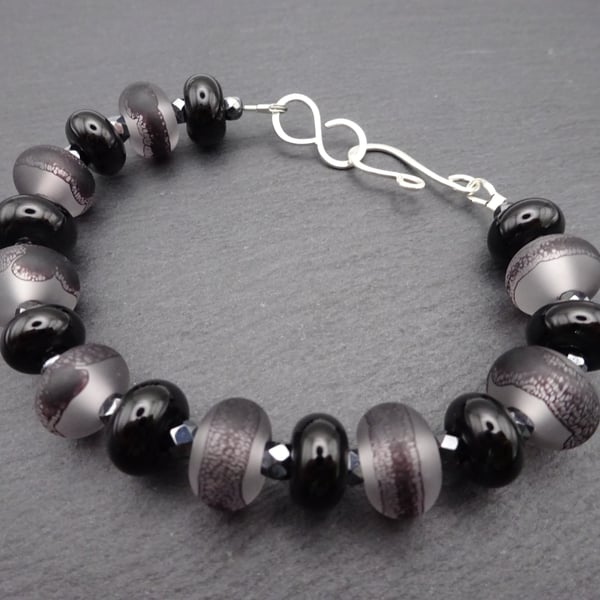 lampwork glass bracelet, black lace and sterling silver